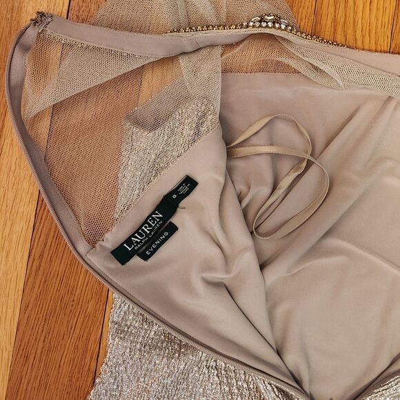 Lauren Ralph Lauren Evening Gold Dress w/ Sheer Bodice, Neck Embellishment Sz 8 - Picture 11 of 15